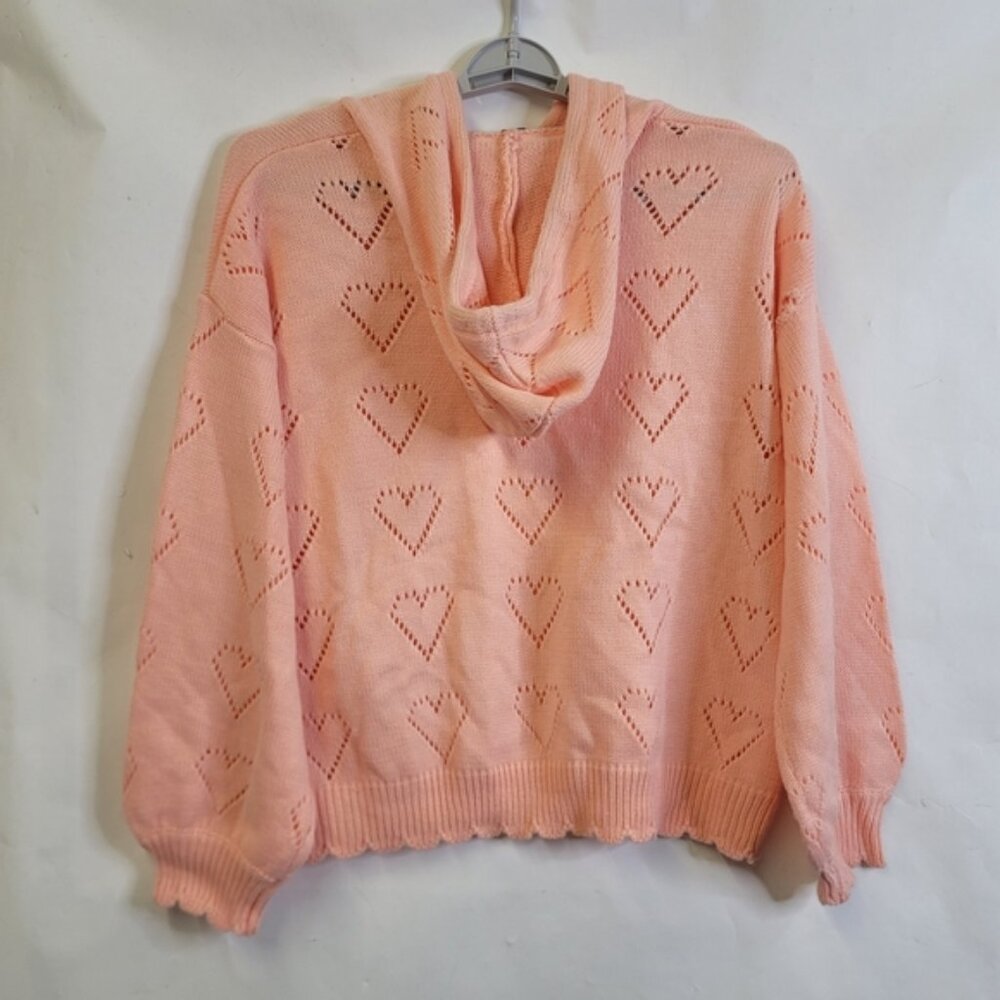 HEART POINTELLE-KNIT SWEATER with hood